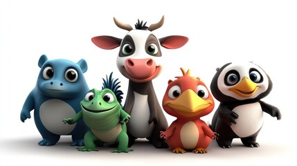 Adorable 3D cartoon animals: cow, kangaroo, panda, iguana, and bird in vibrant colors on a white background