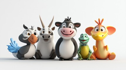 Obraz premium Adorable 3D cartoon animals: cow, kangaroo, panda, iguana, and bird in vibrant colors on a white background