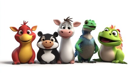 Adorable 3D cartoon animals: cow, kangaroo, panda, iguana, and bird in vibrant colors on a white background
