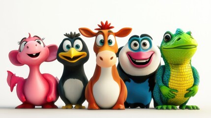 Fototapeta premium Adorable 3D cartoon cow, kangaroo, panda, iguana, and bird in vibrant colors, set against a white background, fun and lively