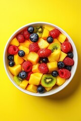 Vibrant and Colorful Fruit Salad on Sunny Yellow Background