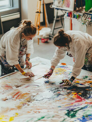 art therapist and a patient working together on a large collaborative mural, paint splatters on their clothes