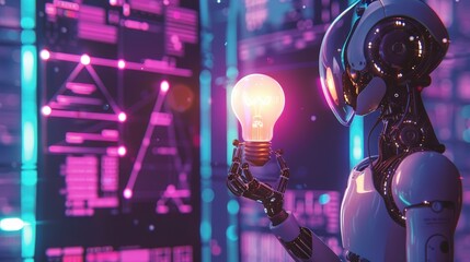 Fototapeta premium Humanoid robot holding a glowing lightbulb against a background of digital screens with neon pink and blue data visualization.