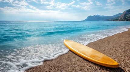 Amazing beach and sea with wooden surfboard