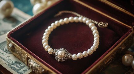 Obraz premium A vintage-style pearl necklace with an ornate clasp, displayed in its original velvet box on the table of an antique jewelry store.