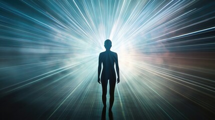 Fototapeta premium Silhouette of a person with transparent features, moving toward radiant light streaks from the horizon, symbolizing momentum