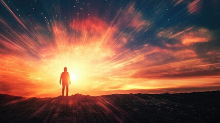 Transparent silhouette of a person toward a rising light, vivid streaks radiating from the horizon, representing upward momentum