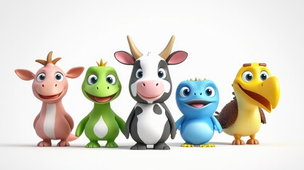 Fototapeta premium Vibrant 3D adorable cartoon cow, kangaroo, panda, iguana, and bird on a white background, cute and playful characters