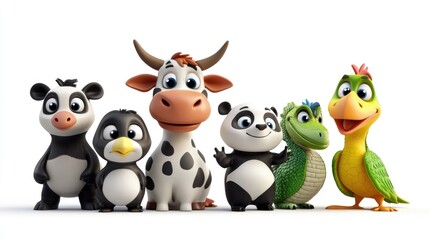 Obraz premium Vibrant 3D adorable cartoon cow, kangaroo, panda, iguana, and bird on a white background, cute and playful characters