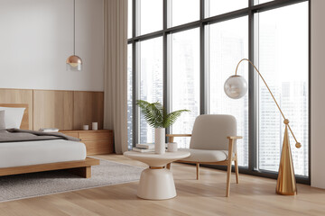 Modern bedroom with sleek interior design and large windows. 3D Rendering