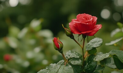 flower buds next to a bright red rose, Generative AI