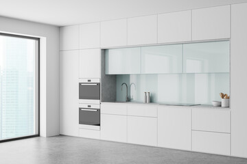 Luxury home kitchen interior with cooking cabinet and panoramic window