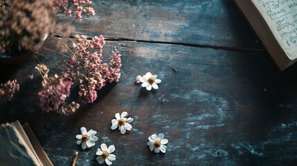 White daisies and dried flowers on a rustic wooden table.