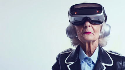 Portrait of senior businesswoman wearing VR glasses at business meeting with copy space. AI