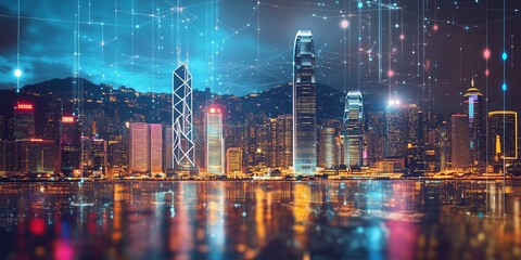 Hong Kong mesh 3D rendering city skyline illustration of blueprint architectural design showing AI innovation and construction, finance, transportation and technology. Generative AI