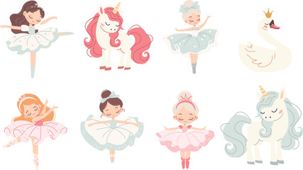 Set of vector cute illustrations on the theme of ballet. Cute ballerinas, swan and unicorns. . Vector illustration © Alena
