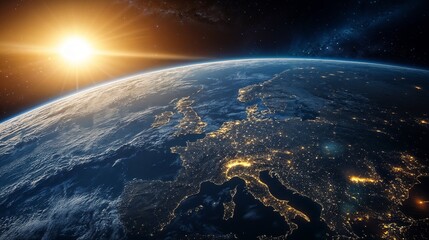 Experience the stunning and breathtaking view of Earth from space during a beautiful sunrise