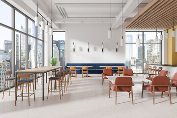 Modern coworking space with contemporary furniture and large windows. 3D Rendering