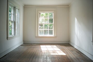 Fototapeta premium Sunlight streams through a solitary window into an empty room, casting warm, inviting patterns on the wooden floor, signaling quiet and potential.