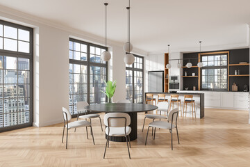 Modern Kitchen Interior with City View. 3D Rendering