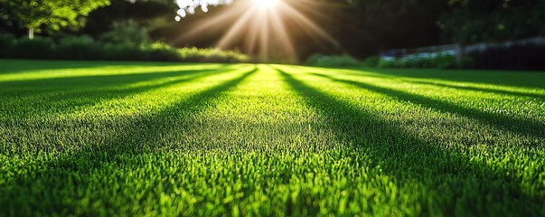 Freshly cut lawn with stripes, Main keyword grass, Concept suburban perfection