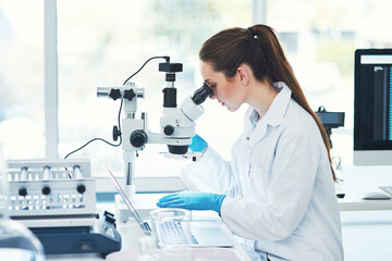 Woman, research and microscope at laboratory for bacteria with medical study, investigation and development. Female scientist, lab coat and science with testing for virus, disease and illness