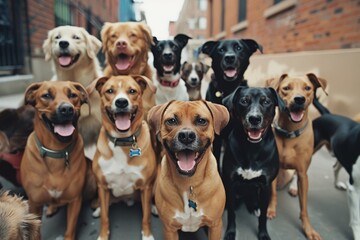 A group of happy dogs sitting together in an urban alleyway, all looking towards the camera.