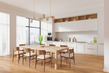 Modern kitchen with wooden dining table and chairs. 3D Rendering