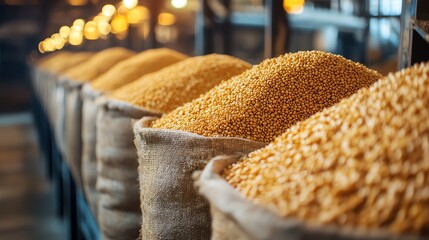 Soybean meal being packaged into feed bags, Main keyword soybean meal, Concept ready for distribution