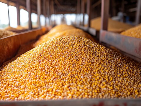 Soybean meal mixed with corn in a large feed bin, Main keyword soybean meal, Concept balanced feed