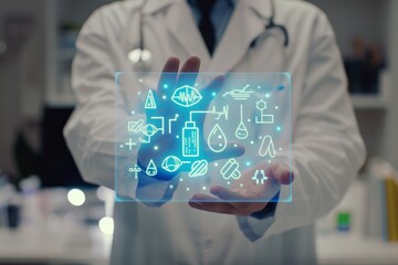 A doctor, wearing a white coat and stethoscope, holds a projection of various medical icons and symbols, representing innovative health technology.