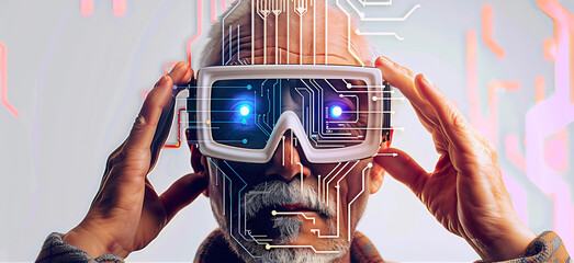 Close digital portrait of retired elderly white beard & holding with both hands the virtual reality goggles, playing video game with VR headset, 