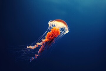A serene image of a vibrant jellyfish floating gracefully in the deep blue ocean, its long tentacles trailing behind, glowing with ethereal light.