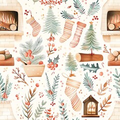Cozy Christmas pattern with fireplaces and stockings, seamless festive wrapping paper design, warm holiday wrap