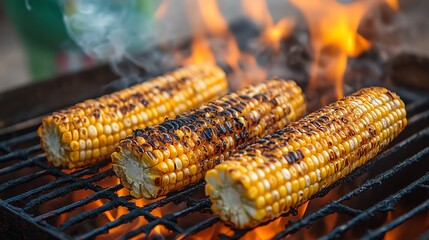 Sweetcorn grilling on an open flame, smoke rising in the background, Main keyword sweetcorn, Concept summer barbecue