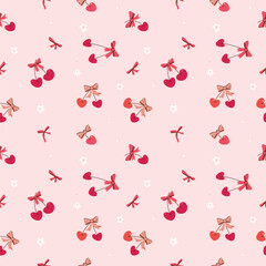 Seamless background with cherry on pink background. Cute berry ornament, girly wallpaper.