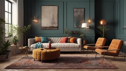 Eclectic living room interior mock-up with a mix of vintage and modern furniture, bold colors, and patterned rugs, 3D render