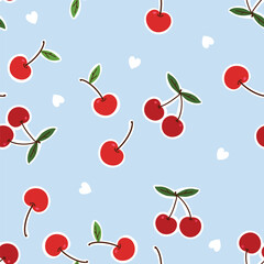 Cherry seamless pattern background. Vector graphics print design. Cute berry ornament girly wallpaper.
