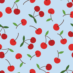 Seamless pattern cherry on a blue background. Vector hand draw graphics print design.