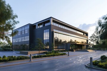 Obraz premium Factory's exterior, featuring clean lines, innovative architecture, and eco-friendly features. Beautiful simple AI generated image