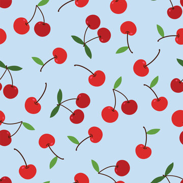 Seamless pattern cherry on a blue background. Vector hand draw graphics print design.