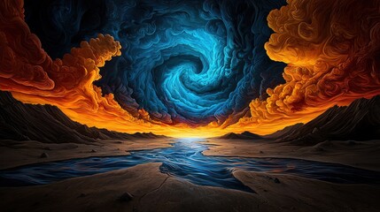 A stunning landscape featuring a swirling sky and vibrant colors, illuminating a tranquil river at sunset.