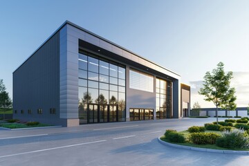 Obraz premium Factory's exterior, featuring clean lines, innovative architecture, and eco-friendly features. Beautiful simple AI generated image