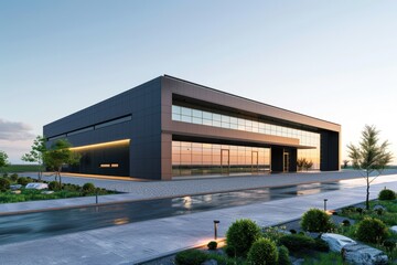 Obraz premium Factory's exterior, featuring clean lines, innovative architecture, and eco-friendly features. Beautiful simple AI generated image