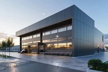 Obraz premium Factory's exterior, featuring clean lines, innovative architecture, and eco-friendly features. Beautiful simple AI generated image