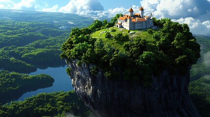 Naklejka premium A majestic castle perched atop a lush green island, surrounded by serene water and dramatic clouds in a vibrant landscape.
