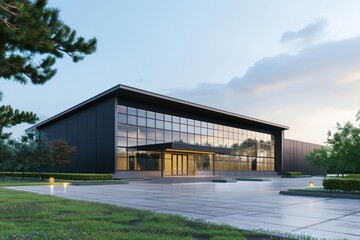 Obraz premium Factory's exterior, featuring clean lines, innovative architecture, and eco-friendly features. Beautiful simple AI generated image