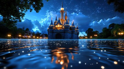 Obraz premium A stunning castle illuminated at night, reflecting on tranquil waters under a starry sky with trees framing the enchanting scene.
