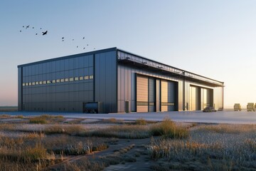Fototapeta premium Factory's exterior, featuring clean lines, innovative architecture, and eco-friendly features. Beautiful simple AI generated image