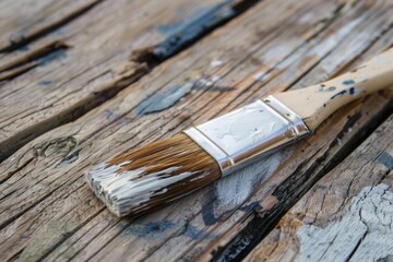 Weathered paintbrush resting on an old wooden surface, capturing the essence of artistic endeavor and creative process.